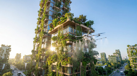 Aerial view of a modern apartment building with a drone flying in the sky.の素材