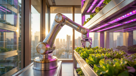 Industrial robot working on the balcony with cityscape in the backgroundの素材