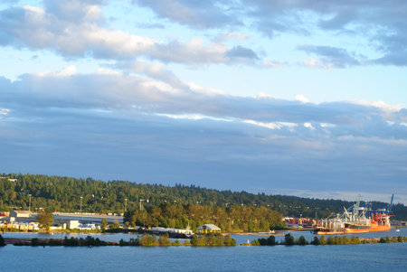 sunset glow by the riverの写真素材