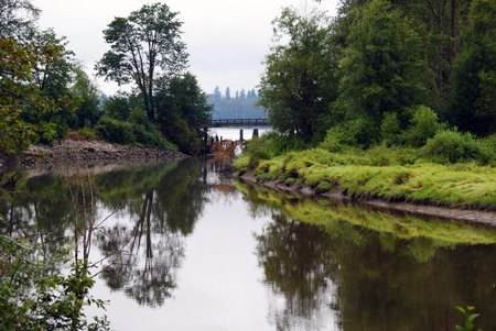 small river flowing into big riverの写真素材