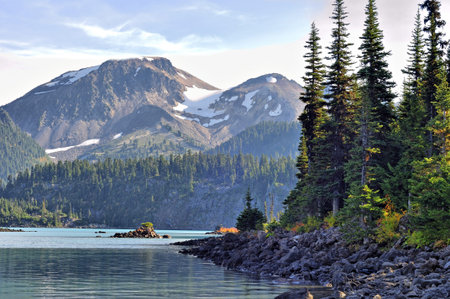 Garibaldi Lake surrounded with trees and mountainsの写真素材