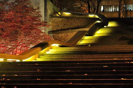 Concrete steps in an autumn nightの写真素材