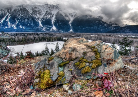 Large rock with colorful moss in front of snowy mountainsの写真素材