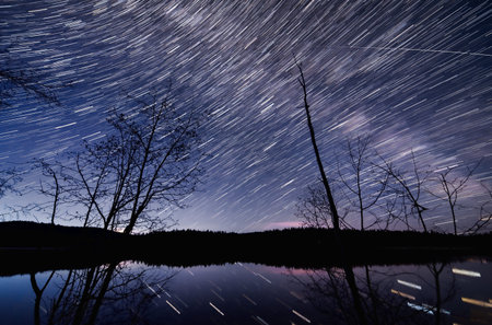 Dark blue night sky with many star trails moving 