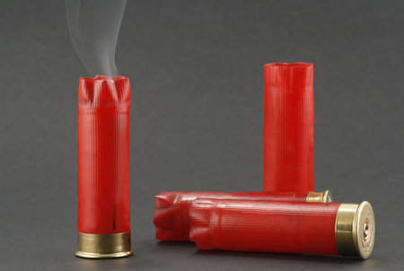 smoking shotgun cartridges on a grey background