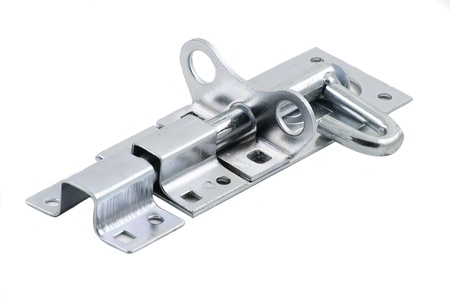 home security concept, steel door bolt isolated on a white backgroundの写真素材