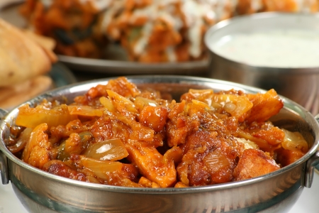 Delicious hot chili paneer curry in a stainless steel bowlの写真素材
