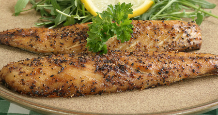 grilled mackerel fillets seasoned with pepper corns with lemon and parsleyの写真素材