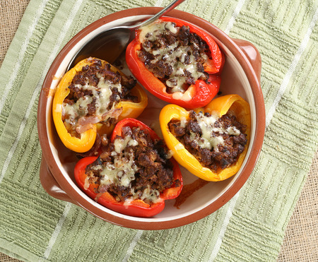 stuffed baked peppers viewed from aboveの写真素材