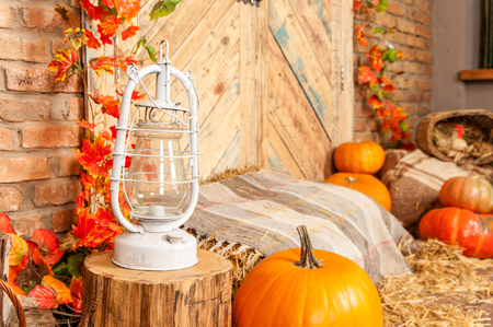 Autumn yellow leaves, pumpkins, autumn, straw, wooden door on the background.の写真素材