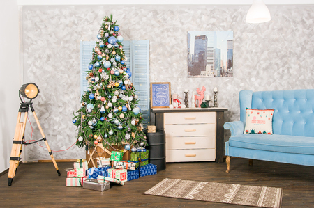 Christmas decor. Large bright living room. Christmas treeの写真素材