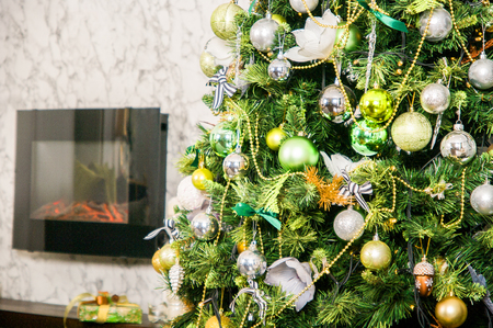 interior photo studio with christmas decor. Fireplace, Christmas treeの写真素材