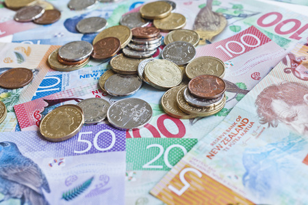 New Zealand cash, money or currency. Notes and coinsの写真素材