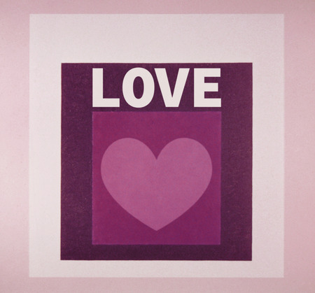 Word love with heart and purple squaresの写真素材