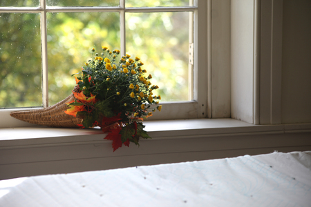 This is an interior scene depicting a clean room of mostly white accented with a bouquet of flowers in orange and yellow. The crisp fall colors are inviting, warm, and beautiful. This is a colonial window background set in the fall season. The room decor is festive and has an autumn feel.の写真素材
