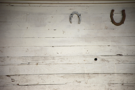 This white wood wall with horseshoes hanging makes a great shabby chic background texture. Itâs a clean, interesting surface which makes a great textured backdrop.の写真素材