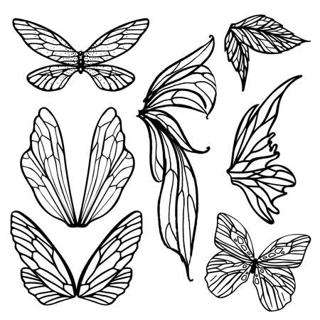 Set of fairy, insect, and butterfly wing illustrations in black and white. These vector art drawings can be used for many decorative purposes.のイラスト素材