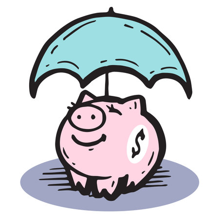 This is a pink piggy bank with a money icon symbol on it. The concept is rainy day money savings implied with a blue umbrella above the pig art illustration.のイラスト素材
