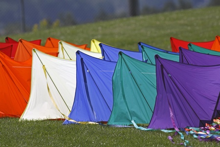DIEPPE, CANADA - AUGUST 14, 2011 - Kites await their flying time at the 2011 Dieppe Kite International on August 14, 2011 in Dieppe, Canada.のeditorial素材