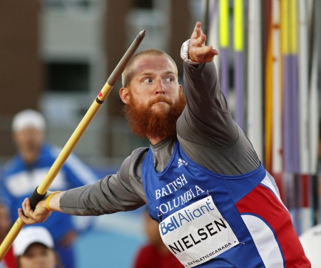 MONCTON, CANADA - June 22: Javelin throw winner Kyle Nielsen at the Canadian Track & Field Championships June 22, 2013 in Moncton, Canada.のeditorial素材