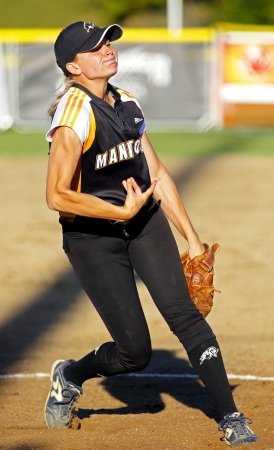 SHERBROOKE, CANADA - August 5: Manitoba pitcher Regan Lawrence in women's softball at the Canada Games August 5, 2013 in Sherbrooke, Canada.のeditorial素材