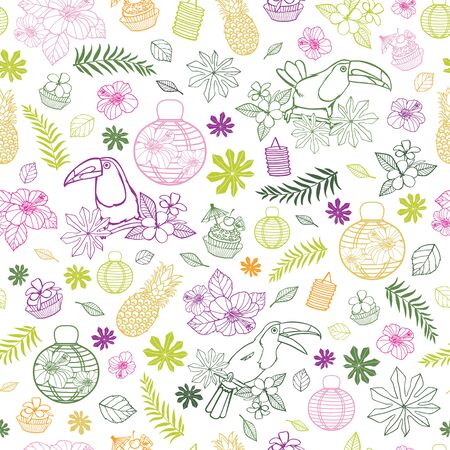 Vector white background with colourful tropical birthday party elements seamless pattern background with toucan and paper lanterns. Perfect for fabric, scrapbooking, wallpaper projects.のイラスト素材
