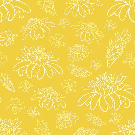 Vector yellow tropical beach resort repeat flowers pattern. Suitable for gift wrap, textile and wallpaper. Surface pattern design.のイラスト素材