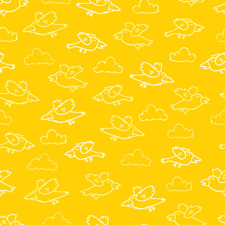 Vector yellow cartoon birds repeat pattern. Suitable for gift wrap, textile and wallpaper. Surface pattern design.のイラスト素材