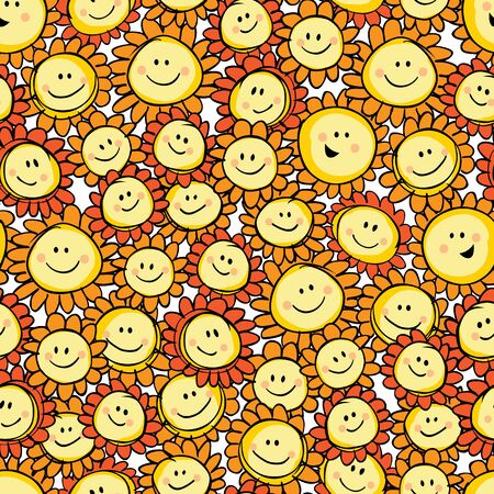 Vector yellow hand drawn sunflower cartoon repeat pattern. Suitable for gift wrap, textile and wallpaper. Surface pattern design.のイラスト素材