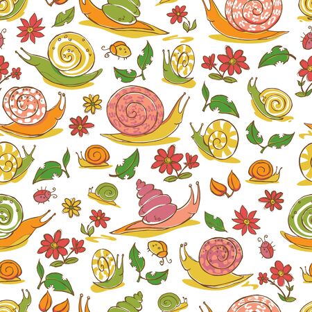 Vector white hand drawn snails and flowers repeat pattern. Suitable for gift wrap, textile and wallpaper. Surface pattern design.のイラスト素材