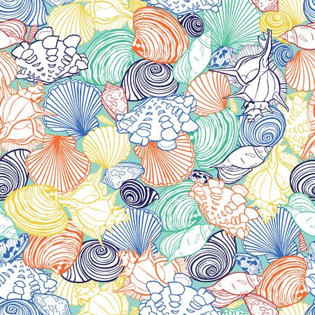 Vector colorful tropical repeat pattern with variety of overlaping seashells. Perfect for fabric, scrapbooking, wallpaper projects.のイラスト素材