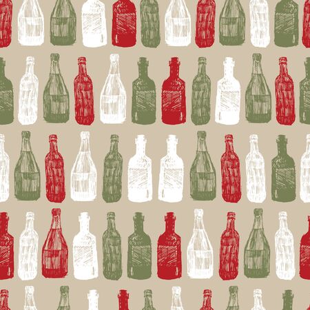 Vector beige baritalia colorful wine bottles sketch illustration seamless patternのイラスト素材
