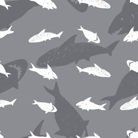 Vector grey monochrome simple cute shark pen sketch repeat pattern with shadow background. Prefect for fabric, scrapbooking and wallpaper projects.のイラスト素材