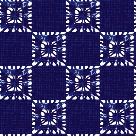 Vector blue shibori squares pattern 02 with canvas texture background. Suitable for textile, gift wrap and wallpaper. Surface pattern design.のイラスト素材