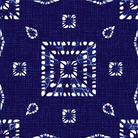 Vector blue shibori monochrome squares seamless pattern with canvas background. Suitable for textile, gift wrap and wallpaper. Surface pattern design.のイラスト素材