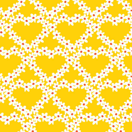 Vector yellow fun daisy flowers hearts repeat pattern with orange center. Suitable for textile, gift wrap and wallpaper.のイラスト素材