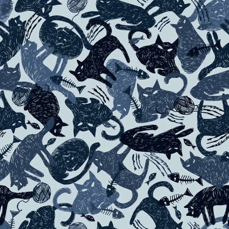 Vector blue monochrome mystery cat pen sketch seamless pattern chaotic arrangement. Perfect for fabric, scrapbooking and wallpaper projects.のイラスト素材