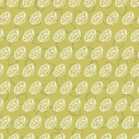 Vector green simple lemon half lemon slice doodle repeating background pattern. Suitable for textile, gift wrap and wallpaper.のイラスト素材