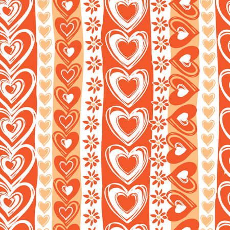 Vector monochrome red doodle cute hearts valentine vertical stripes seamless pattern. Suitable for textile, gift wrap and wallpaper.のイラスト素材