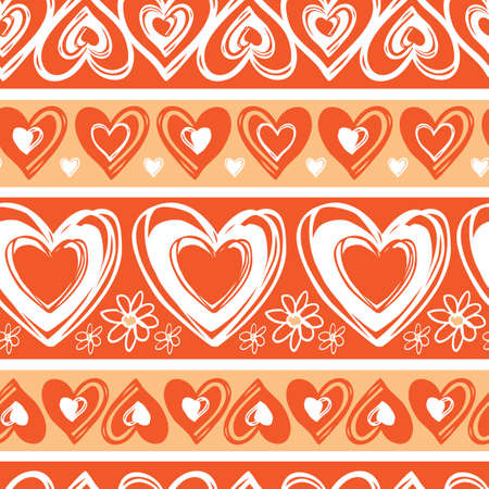Vector monochrome red doodle cute hearts valentine horizontal stripes seamless pattern. Suitable for textile, gift wrap and wallpaper.のイラスト素材