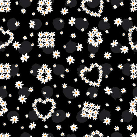 Vector black scattered small fun daisy chain flowers shapes repeat pattern with grey polka dot background. Suitable for textile, gift wrap and wallpaper.のイラスト素材