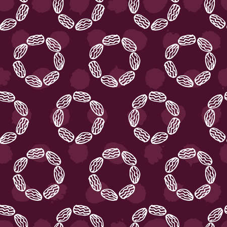 Purple monochrome simple dried fruits dates circles outlines repeat background. Delicious healthy dessert vegan food and snacks pattern.のイラスト素材