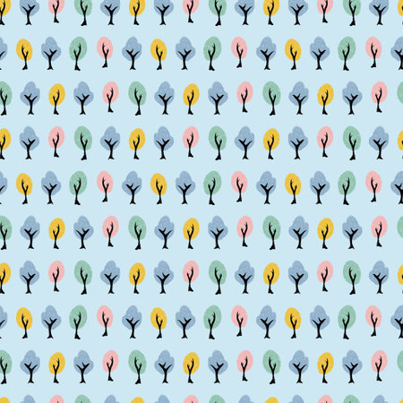 Vector cute pastel blue trees pen sketch polka dot seamless pattern background. Suitable for...