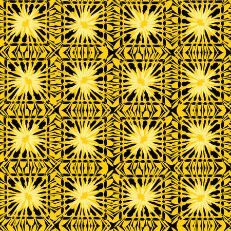 Vector yellow and black abstract daisy crocheted squares, basket weave seamless pattern. Suitable for textile, gift wrap and wallpaper.のイラスト素材