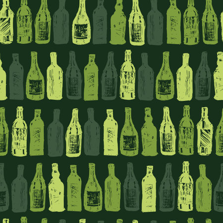 Vector green wine bottles sketch illustration seamless pattern. Perfect for fabric, restaurant menu and wallpaper projects.のイラスト素材