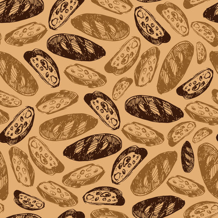 Vector brown scattered doodle slice frence loaf bread repeat pattern. Perfect for fabric, bakery menu and wrapping paper projects.のイラスト素材