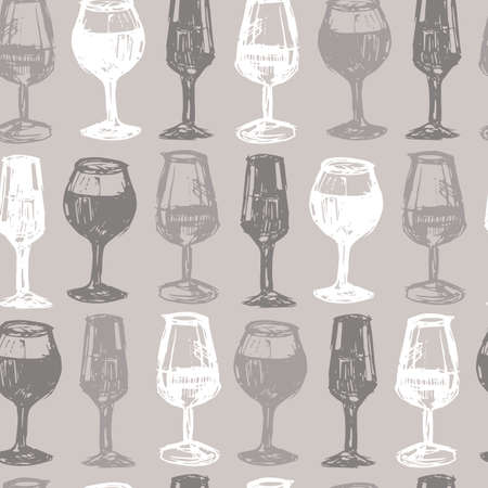 Vector grey monochrome rows of wine glasses sketch seamless pattern. Perfect for fabric, restaurant menu and wallpaper projects.のイラスト素材