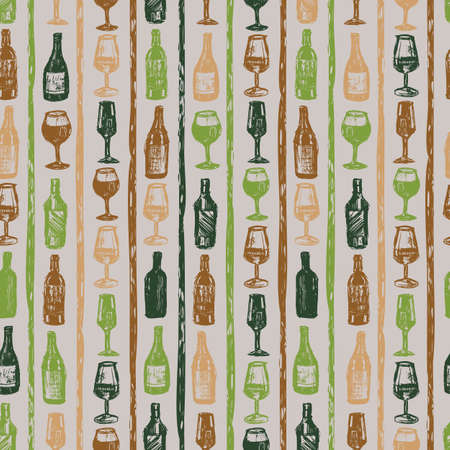 Vector grey wine bottles and glasses sketch doodle vertical stripe seamless pattern. Perfect for fabric, restaurant menu and wallpaper projects.のイラスト素材