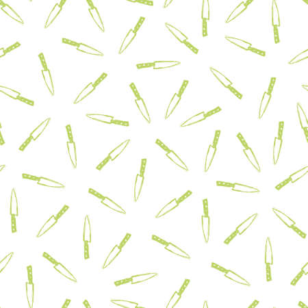 Vector white seamless pattern with green hand drawn kitchen knifes. Perfect for fabric, scrapbooking and wallpaper projects.のイラスト素材