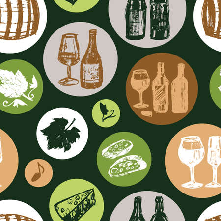 Vector green wine bar pen sketch doodle in circles seamless background pattern with bread and cheese. Suitable for textile, gift wrap and wallpaper.のイラスト素材